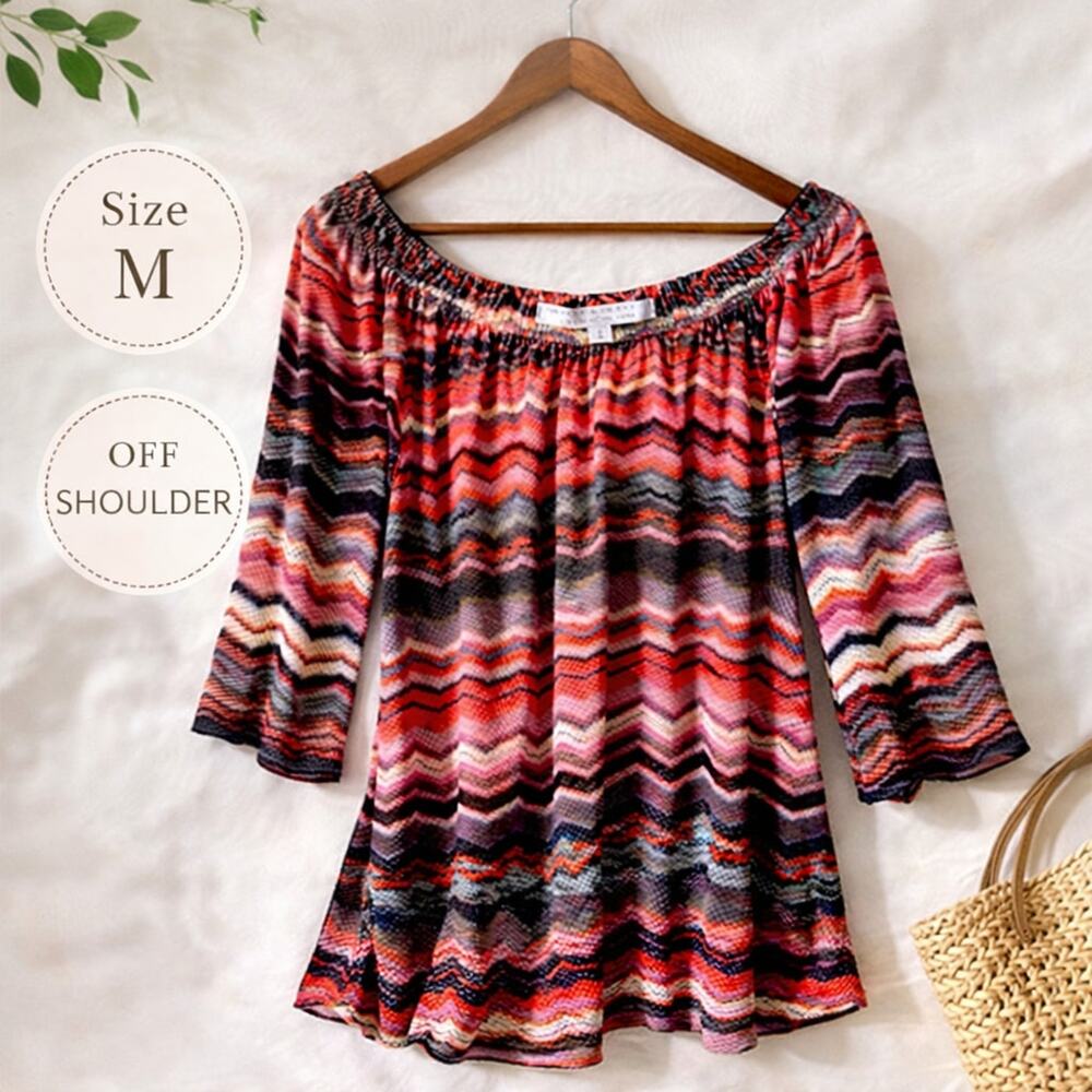 Annalee + Hope Blouse Medium Chevron Print Off Shoulder 3/4 Sleeve Top